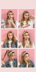 Collage of model wearing various colors of pleated plaid fabric headbands for women