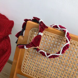 Vintage Red Velvet Headband With Faux Artificial Pearl Bow Knot Christmas Hair Accessory For Women Sweet Elegant Hair Hoop