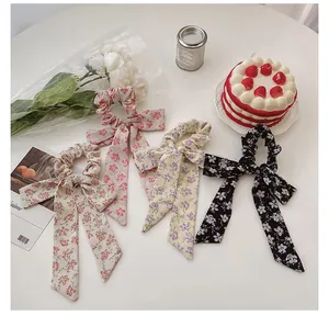 Floral print chiffon hair scrunchies with long ribbons in white pink and cream