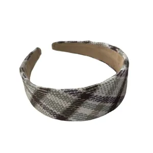 Plaid sponge headband for women with vintage purple tweed texture on white background