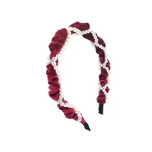 Retro red velvet headband with elegant pearls and french bow design for women