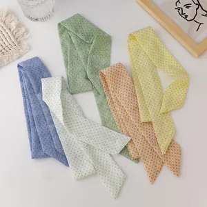 Chic polka dot organza skinny scarves in light blue, green, white, and yellow