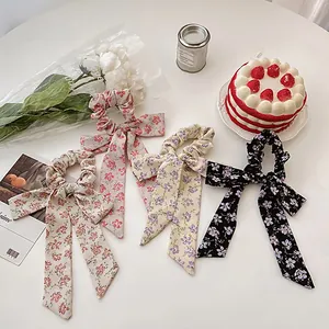 Floral Bow Scrunchie Long Ribbon Hair Tie Sweet Fabric Ruffle Hair Elastic For Women Girls Korean Style Daily Hair Accessories