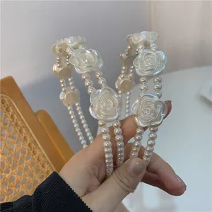 Vintage French Style Artificial Pearl Rose Flower Headband Elegant Layered Artificial Pearl Hair Hoop Wedding Party Accessories For Women