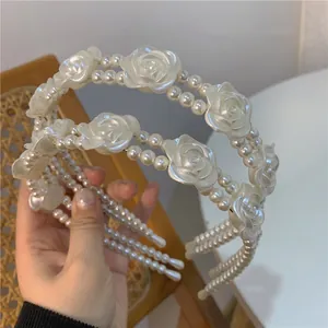 Set of two white pearl headbands with 3D rose flowers for women in vintage French style