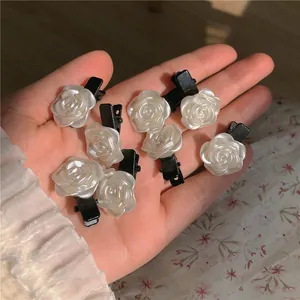 Pince À Cheveux Rose Blanche Camélia Pour Femmes Mini Pince Bec De Canard Résine Perlée Fleur Élégant Accessoire Cheveux Quotidien