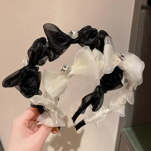 French Style Bow Knot Mesh Headband With Rhinestone Organza Hairband Elegant Hair Accessories For Women Sweet Party Headpiece