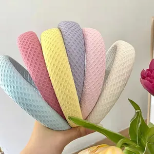 Candy Color Waffle Grid Thickened Sponge Headband For Women Handmade Puffy Fabric Hairband Sweet Fashion Hair Accessories