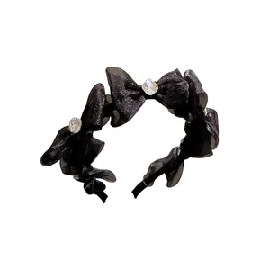 Elegant black mesh bow headband with sparkling crystal rhinestones for women