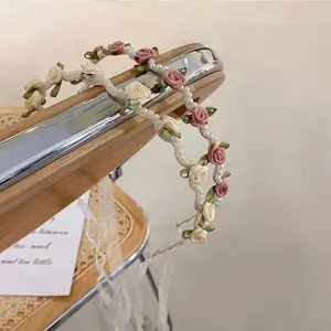 French Elegant Rose Flower Artificial Pearl Headband With Lace Ribbons Vintage Forest Style Hair Band For Wedding Party Women Jewelry