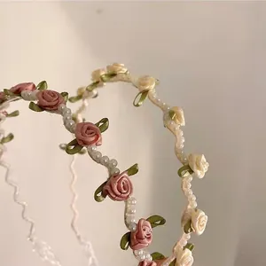 French style headband with satin roses and pearls for an elegant and sweet floral look