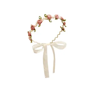 French rose flower headband with pearls and elegant white ribbon tassels for hair