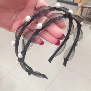 Serre-tête en Maille Noire Rétro Style Français Avec Fausse Künstliche Perle Élégant Accessoire de Cheveux Décoratif pour Femme