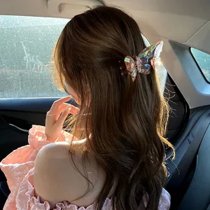 Pince à cheveux papillon holographique pour femme portée sous une lumière naturelle