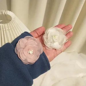 Handmade Mesh Organza Camellia Flower Hair Clip For Women Korean Style Elegant Pink White Side Clip Floral Hair Accessory