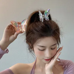 Détail d'une pince à cheveux papillon en cristal aux reflets irisés sur queue de cheval
