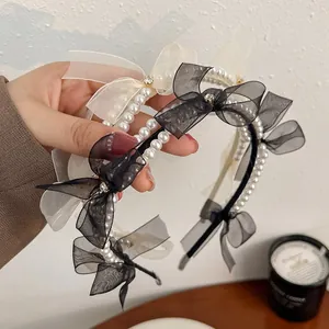 Elegant mesh bow headband set with imitation pearls in black and cream white colors