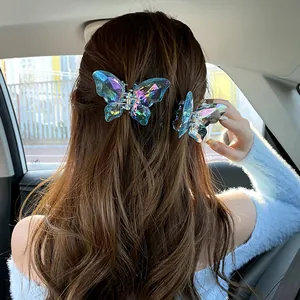 Lot de deux pinces à cheveux papillon holographiques portées sur de longs cheveux