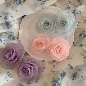 Pince à Cheveux Fleur de Camélia en Tulle Organza Design Double Fleur Clip à Ressort Accessoires Cheveux Femme Fille Rose Bleu Violet