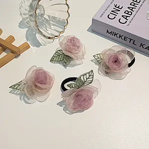 Élégant lot de 4 pinces à cheveux roses en maille et élastiques avec feuilles vertes