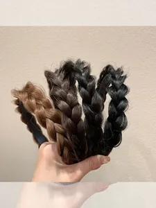 Detail showing four shades of braided hair headbands with realistic fiber texture