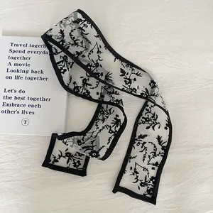 Elegant French style long mesh scarf with black floral print and lace edge for women