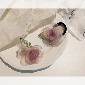 Fait à la Main Maille Camélia Fleur Pince à Cheveux Élastique pour Femmes Style Fée Rose Violette Accessoires de Cheveux