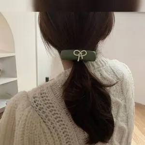 French vintage dark green floral spring hair clip with white bow knot for women
