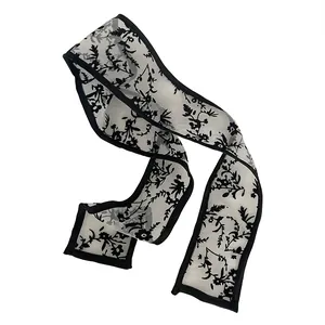 Elegant French style black and white lace floral long neck scarf and hair ribbon for women