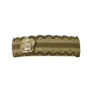 French vintage khaki lace hair clip with camellia flower and pearl accent