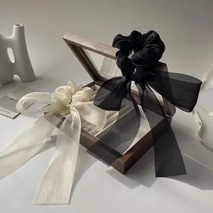 Elegant French style organza scrunchies with long ribbons in black and cream white