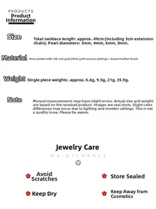 Specificaties voor messing 24K vergulde parelketting, lengte 49cm met 3-8mm parels