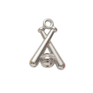 Detailed view of silver metal baseball pendant with crossed bats for DIY jewelry crafts