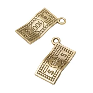 Vintage gold alloy 100 dollar bill charm pendants with embossed currency symbols