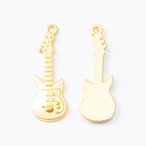 Golden zinc alloy guitar pendant with detailed front and back for DIY jewelry making