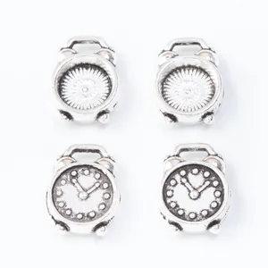 Set of 4 vintage silver zinc alloy alarm clock pendants for DIY jewelry making