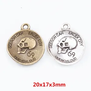 Retro Alloy Skull Head Round Charm Pendant For DIY Jewelry Making Accessories Antique Finish Skull Number Letter Carved