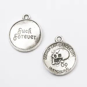 Retro zinc alloy round skull pendants with Fuck Forever engraving and punk style finish