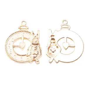 Vintage golden rabbit pocket watch charms for DIY jewelry making featuring front and back views