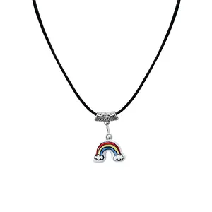 Rainbow starfish and fish pendant necklace with black woven rope for elegant women
