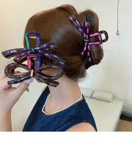 Detailed view of trendy resin bow hair claw clips with colorful polka dot patterns