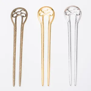 U-shaped hairpins with hollow cloud patterns in bronze, gold and silver, 157x32.5mm