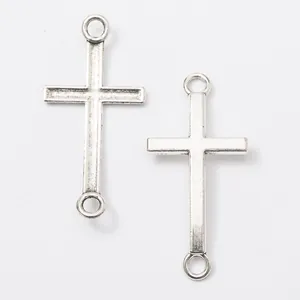 Vintage silver zinc alloy cross charms with double loops for DIY jewelry making