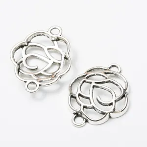 Vintage silver rose flower alloy pendants with double loops for DIY jewelry making