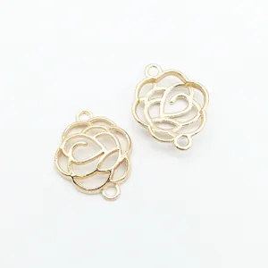 Golden hollow rose flower jewelry connectors with double loops for DIY necklace making