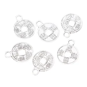 Set of 6 vintage silver alloy Chinese coin pendants with square hole for DIY jewelry making