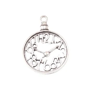Vintage style hollow clock pendant in antique silver alloy for DIY jewelry making