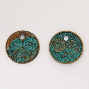 Macro detail of bronze steampunk gear pendant with oxidized finish and mechanical texture