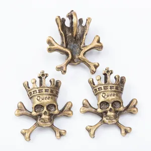 Vintage bronze skull pendants with crown and Queen engraving for DIY jewelry making