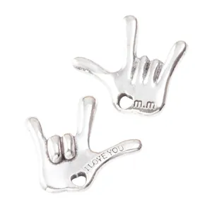 Pendentifs main vintage en alliage argenté avec gravure I Love You pour bijoux DIY